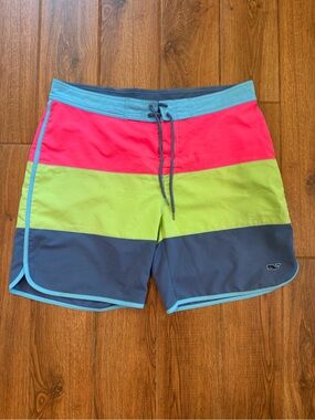 Vineyard Vines Men’s Colorblock board shorts 9” — Pink, Lime & Navy / 38